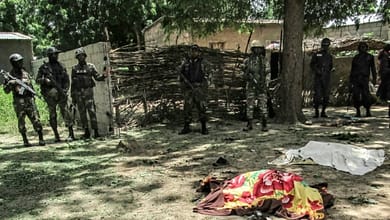 Boko Haram: l'armée camerounaise affirme avoir tué 100 islamistes et libéré 900 otages 4 Des membres de la sécurité camerounaise devant la dépouille d'une victime d'un attentat suicide à Kolofata, dans l'extrême nord du Cameroun, le 13 septembre 2015 | AFP/Archives |