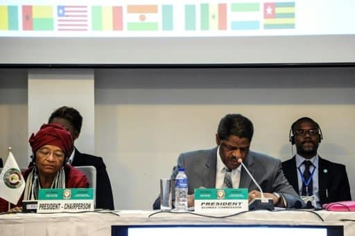 La présidente du Liberia Ellen Johnson Sirleaf (G) et le président de la Cédéao Marcel De Souza (2-D) à Monrovia le 4 juin 2017 | AFP | Zoom DOSSO