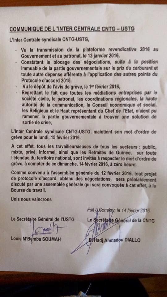 L'inter Centrale syndicale CNTG-USTG, maintient son mot d'ordre de grève pour le lundi, 15 février 2016