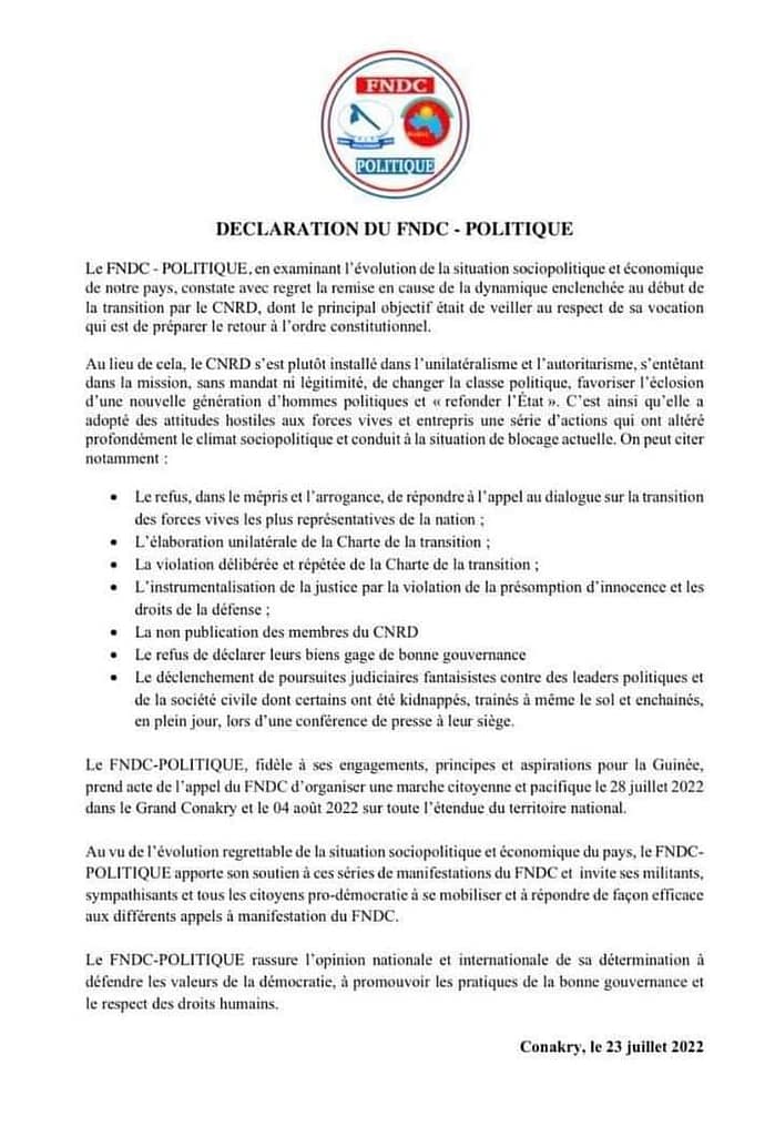 Prochaines Manifestations : DECLARATION DU FNDC - POLITIQUE