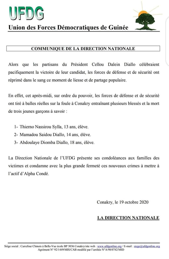 COMMUNIQUÉ DE LA DIRECTION NATIONALE DE L'UFDG