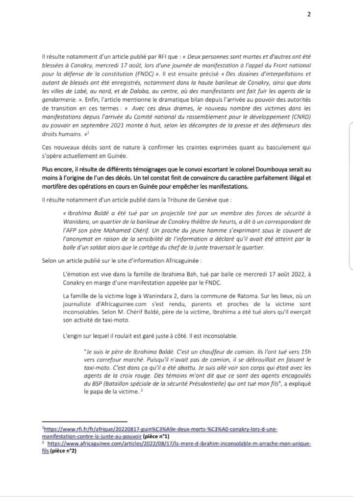 3 GUINEE Repression de la manif du 17 aout les avocats francais du FNDC ecrivent au procureur de la CPI.