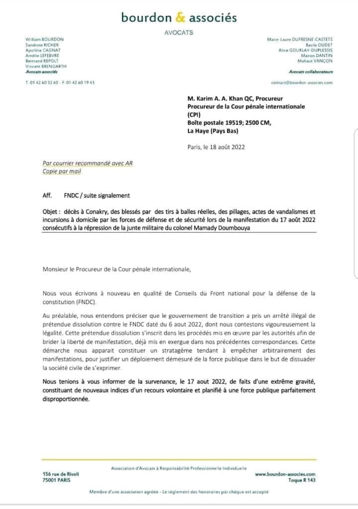 2 GUINEE Repression de la manif du 17 aout les avocats francais du FNDC ecrivent au procureur de la CPI
