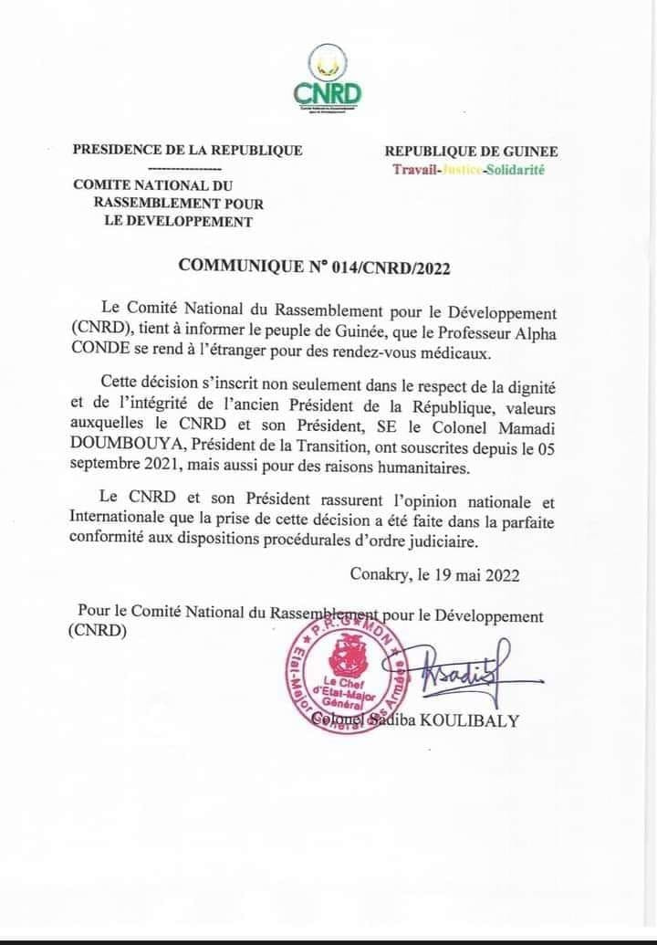 4 Le Professeur Alpha Condé quittera finalement Conakry demain, samedi 21 mai, pour des soins à l'Etranger