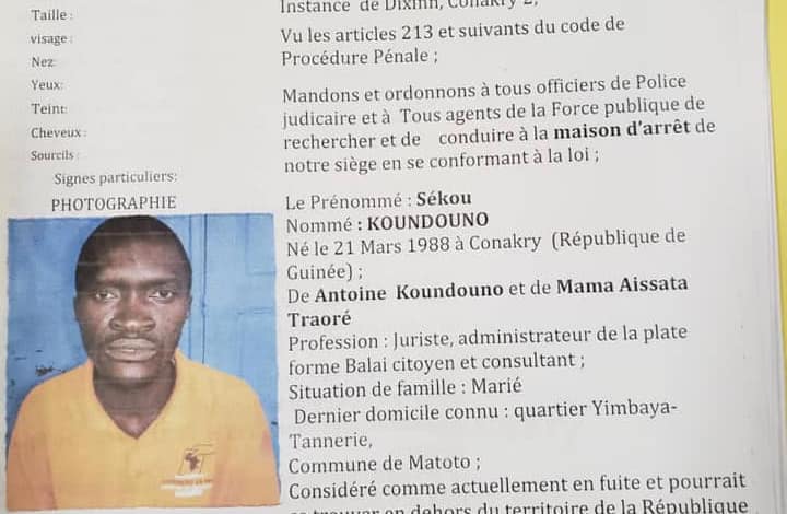 Mandat d’arrêt international décerné à l’encontre de monsieur Sékou Koundouno 1 Mandat d’arrêt international décerné à l’encontre de monsieur Sékou Koundouno