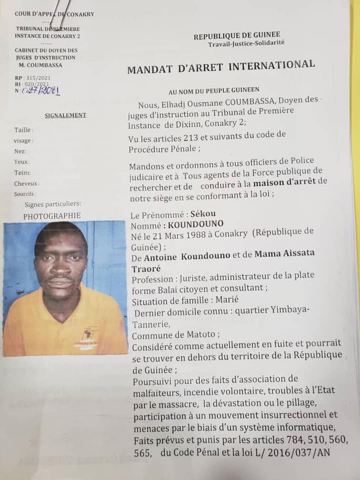 Mandat d’arrêt international décerné à l’encontre de monsieur Sékou Koundouno