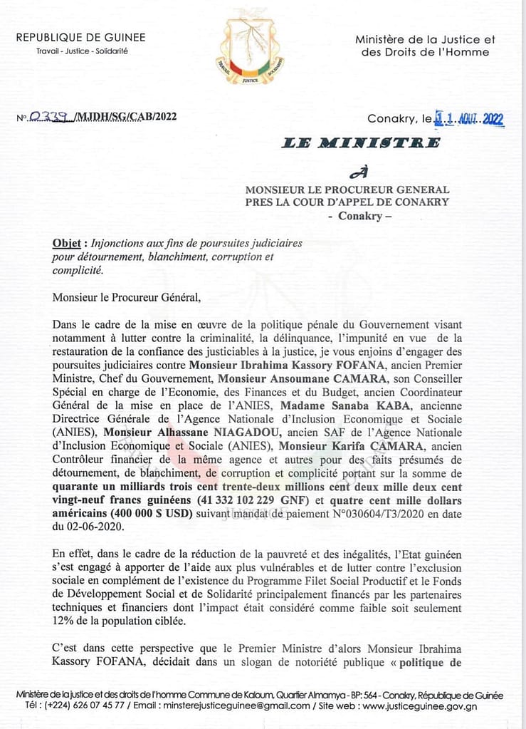 8 Injonctions aux fins de poursuites judiciaires pour détournement blanchiment corruption et complicité.
