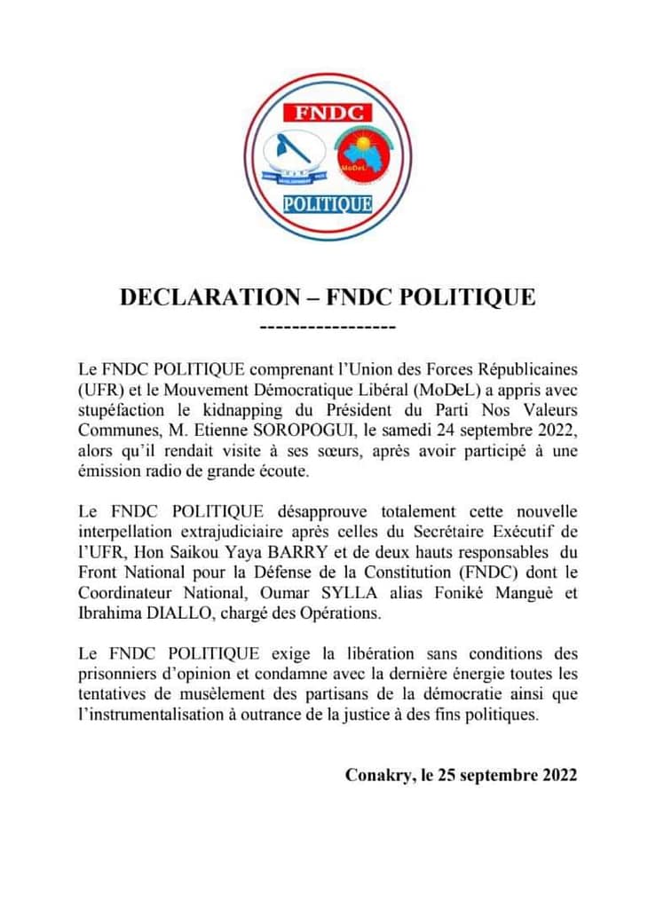 2 Le FNDC POLITIQUE exige la libération sans conditions des prisonniers d’opinion et condamne avec la dernière énergie toutes les tentatives de musèlement des partisans de la démocratie