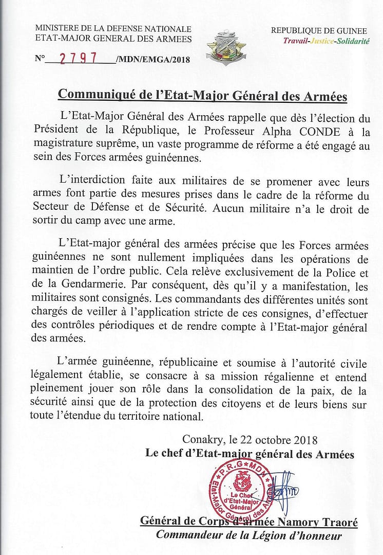 Communiqué L'État-major général des armées précise