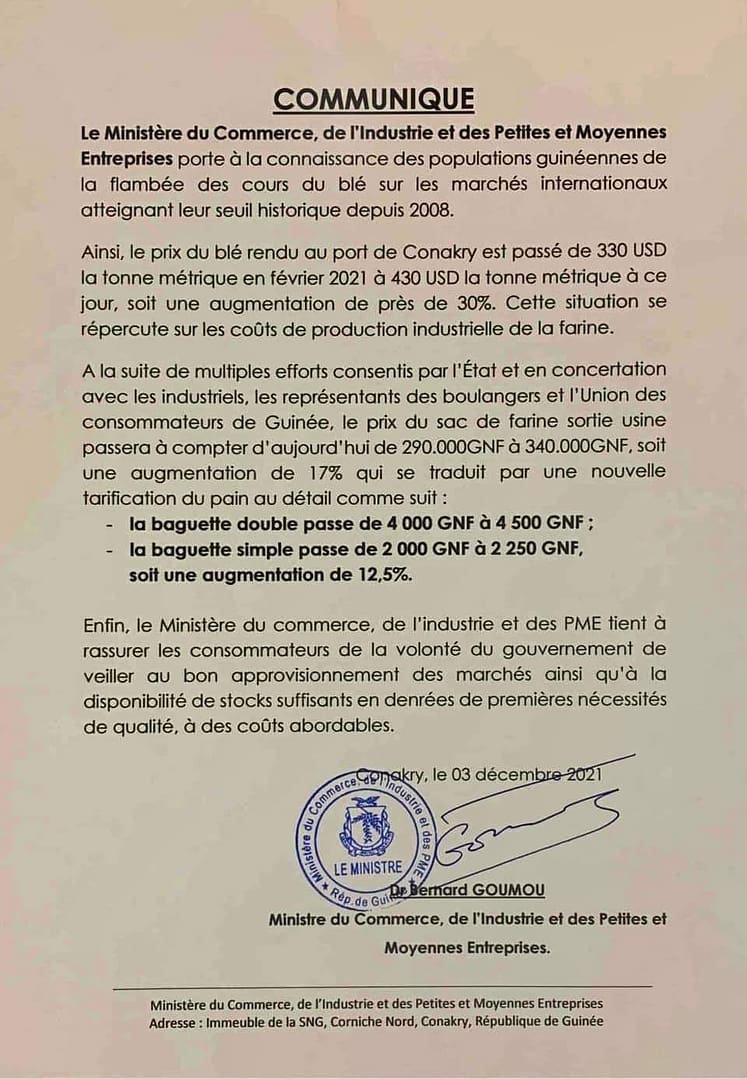 4 Guinée la baguette de 4 000 passe à 4 500 et celle de 2 000 à 2 250 Gnf