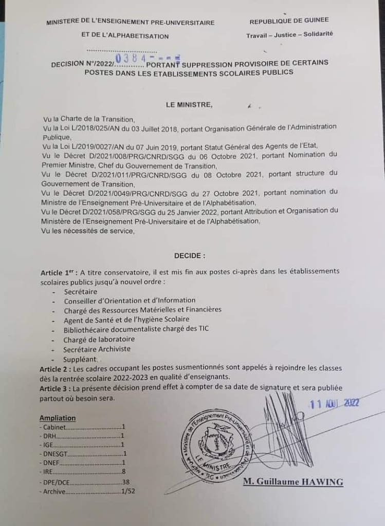 MEPU-A Décision de suppression provisoire de certains postes dans les établissements scolaires publics.