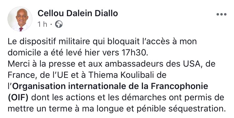Le dispositif militaire qui bloquait l’accès à mon domicile a été levé hier vers 17h30.