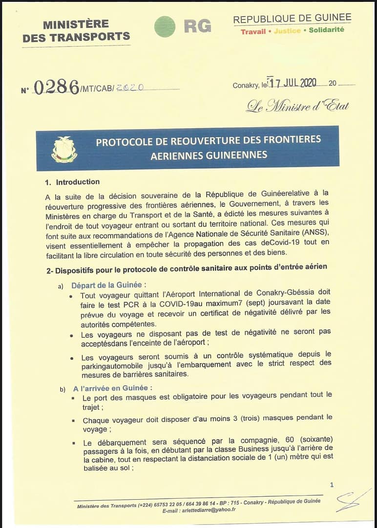 Protocole de réouverture des frontières aériennes guinéennes 