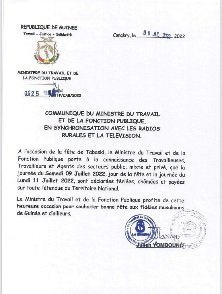 Les journées du samedi et du lundi prochain sont déclarées fériées, chômée et payées en Guinée