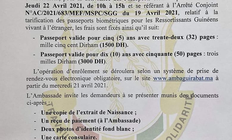 AMBASSADE DE GUINEEA RABAT PASSEPORT BIOMETRIQUE Date et modalités des opérations d’enrôlement. 3 AMBASSADE DE GUINEEA RABAT PASSEPORT BIOMETRIQUE Date et modalités des opérations d’enrôlement.