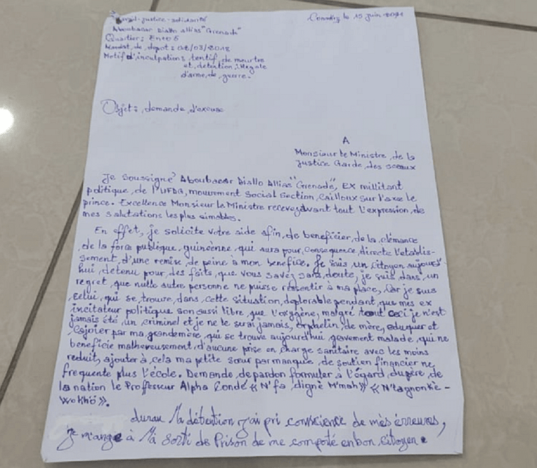 4 Aboubacar Diallo alias Grenade demande pardon au president Alpha Conde lettre