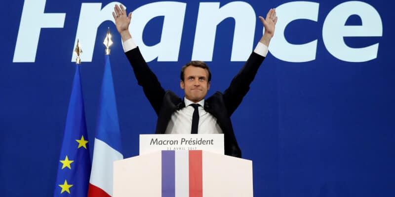 Macron, head of the political movement En Marche !, or Onwards !, and candidate for the 2017 French presidential election, celebrates after partial results in the first round of 2017 French presidential election, in Paris