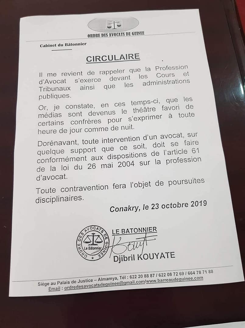 Communiqué du barreau de Guinée sur la sortie des avocats dans la presse