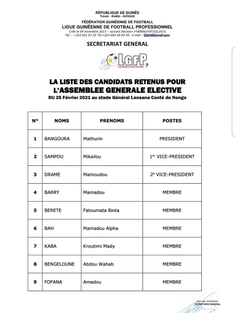 LGFP Congrès électif, liste des candidats retenus 