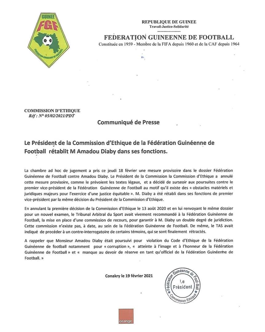 Amadou Tham Camara, a décidé de rétablir Amadou Diaby dans ses fonctions de 1er Vice-Président de la FEGUIFOOT,