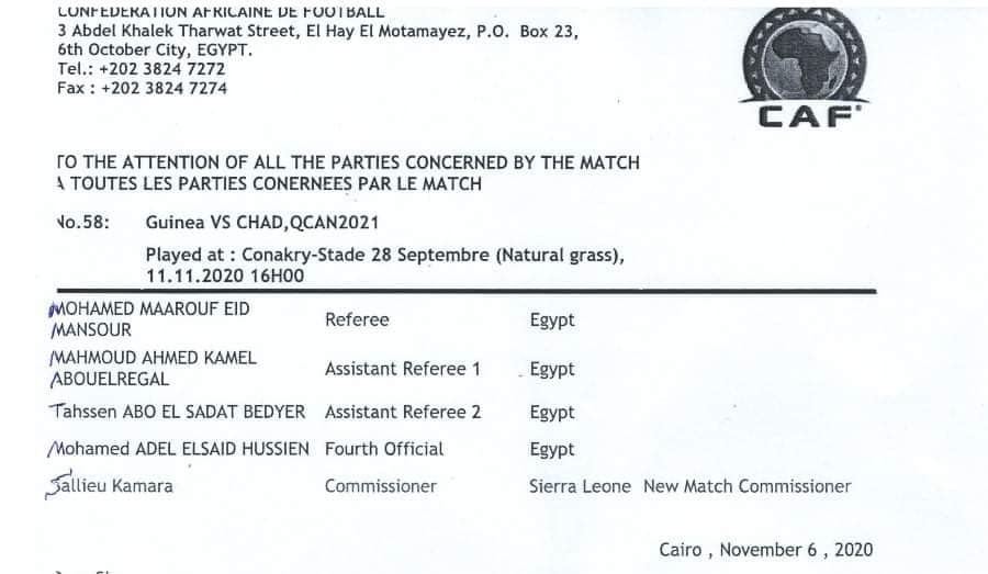 Guinée vs Tchad : Le Commissaire du match remplacé par la CAF