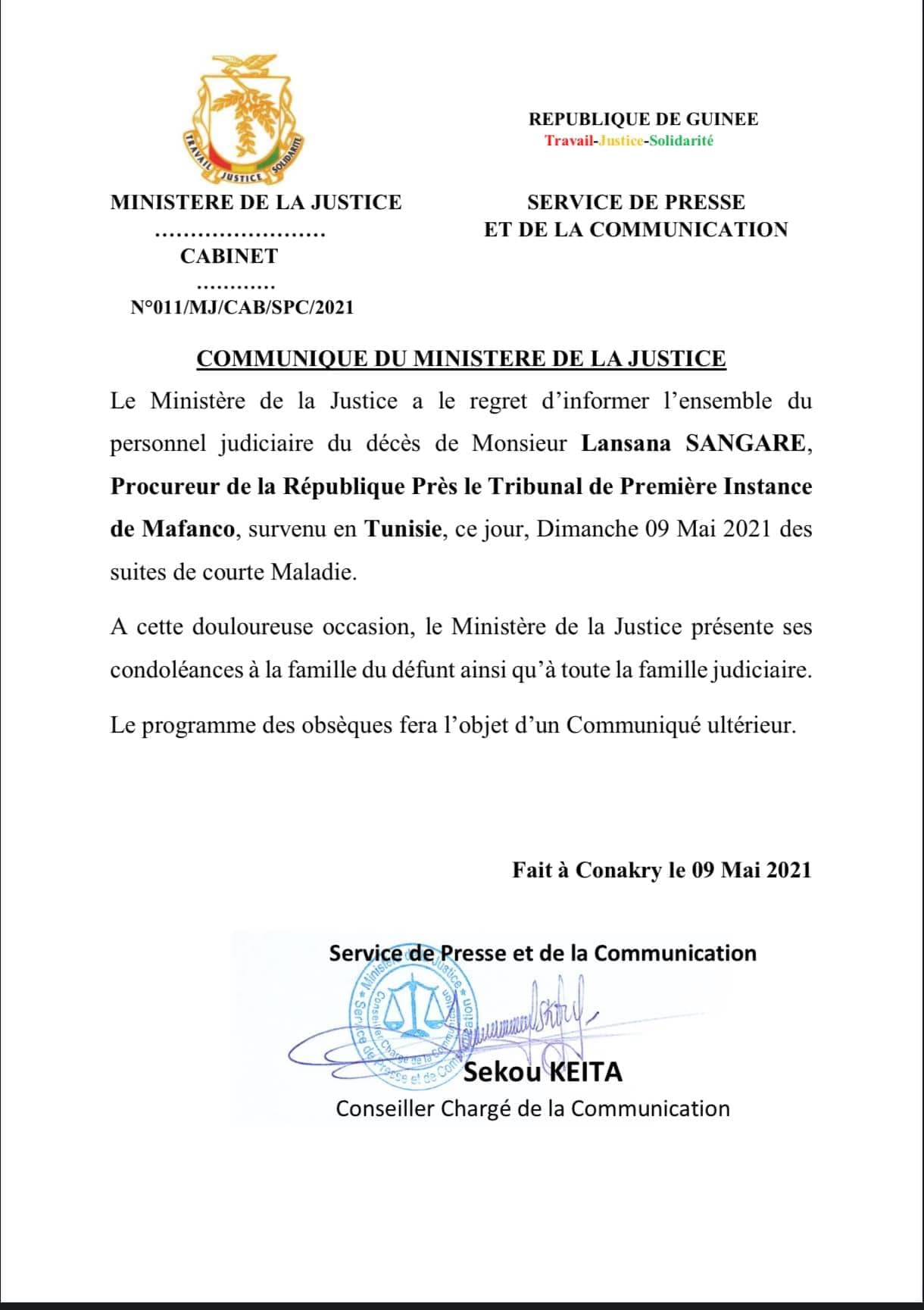 NÉCROLOGIE COMMUNIQUE DU MINISTERE DE LA JUSTICE