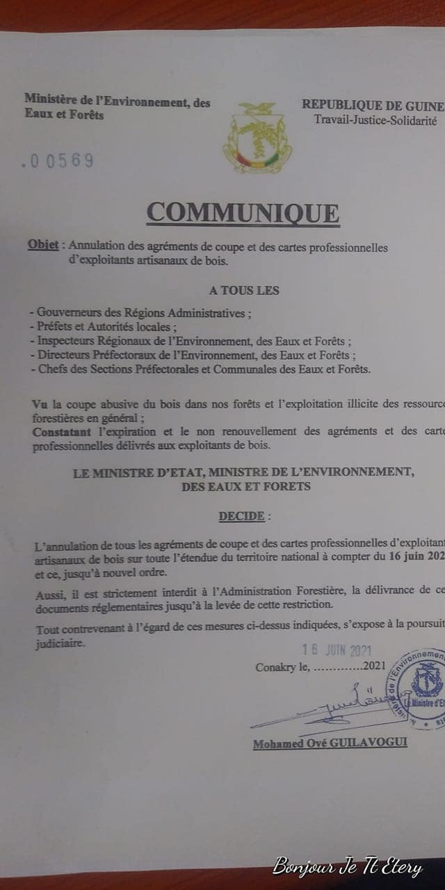 Communiqué à l'intention de tous les acteurs de l'administration forestière et autres intervenants dans la filière bois .