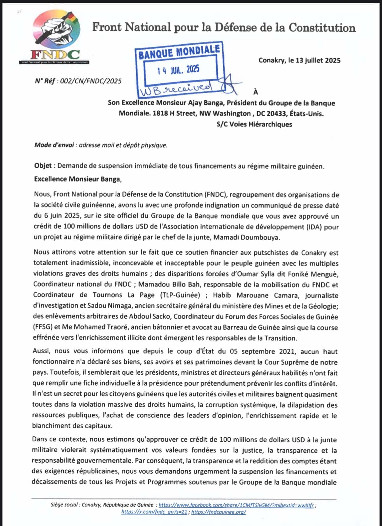 Suspension des Financements de la Banque Mondiale