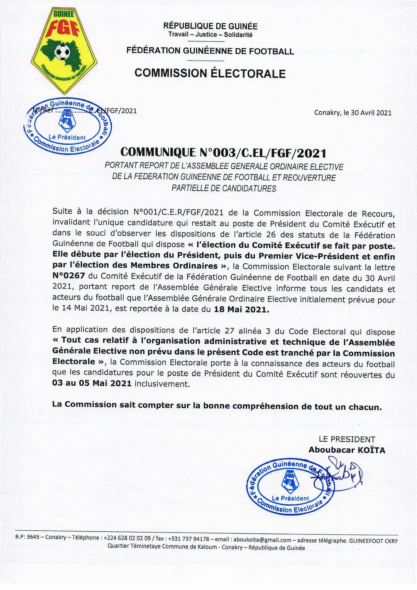 4 Assemblée générale élective de la FEGUIFOOT